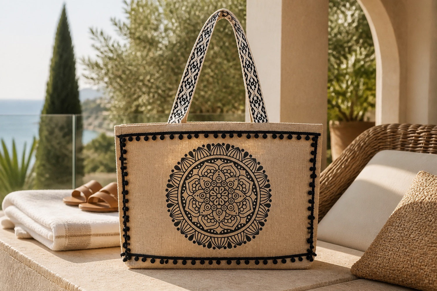 Black Mandala Jute Tote Bag