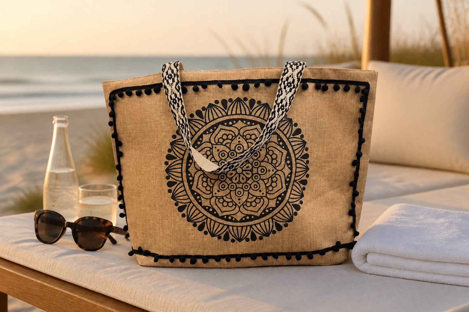 Black Mandala Jute Tote Bag