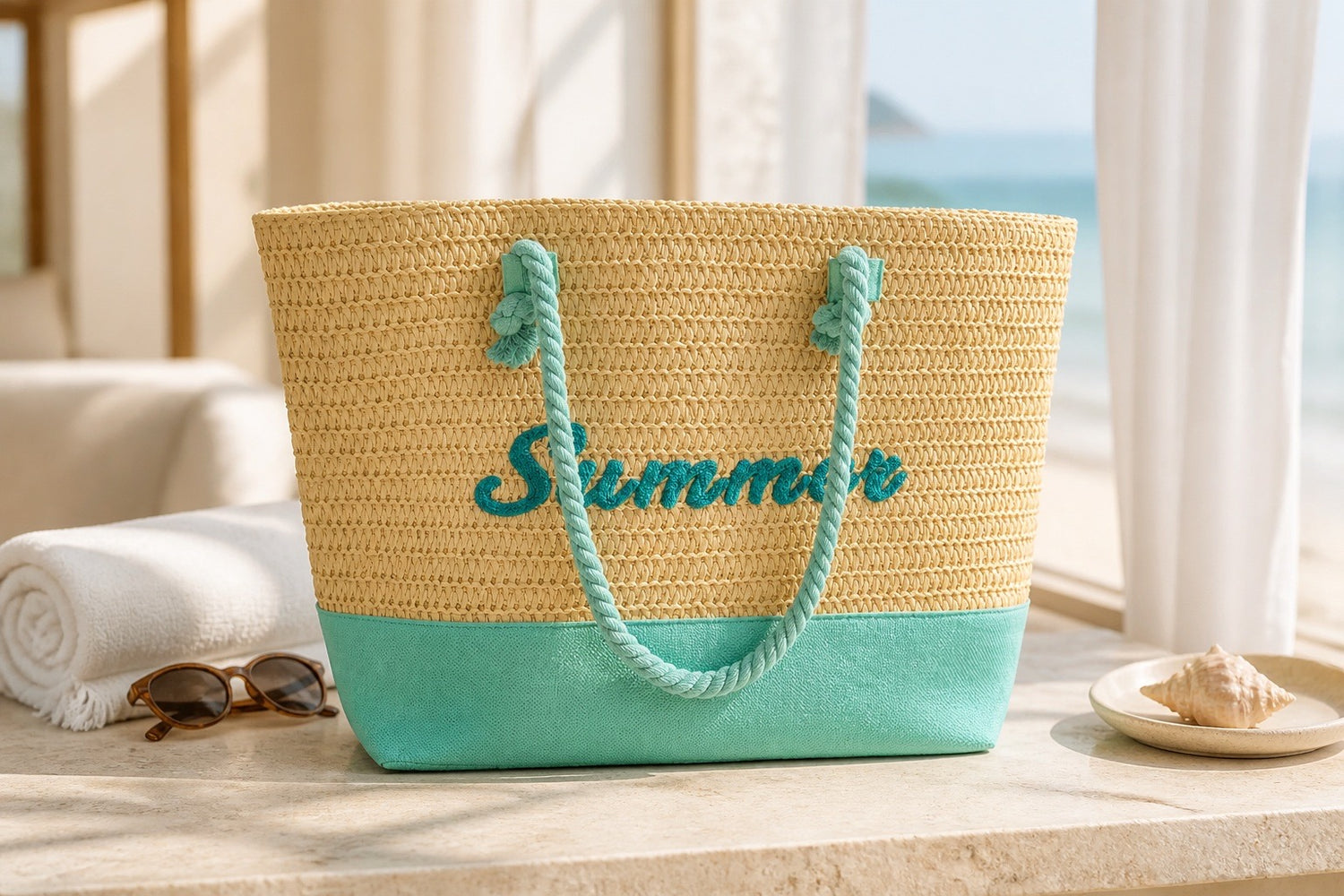 Mint Summer Straw Tote Bag