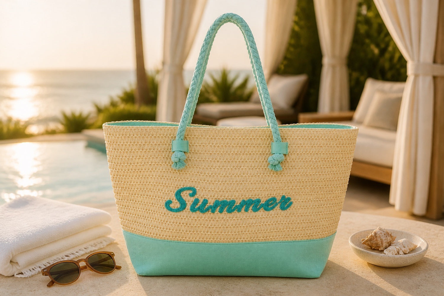 Mint Summer Straw Tote Bag