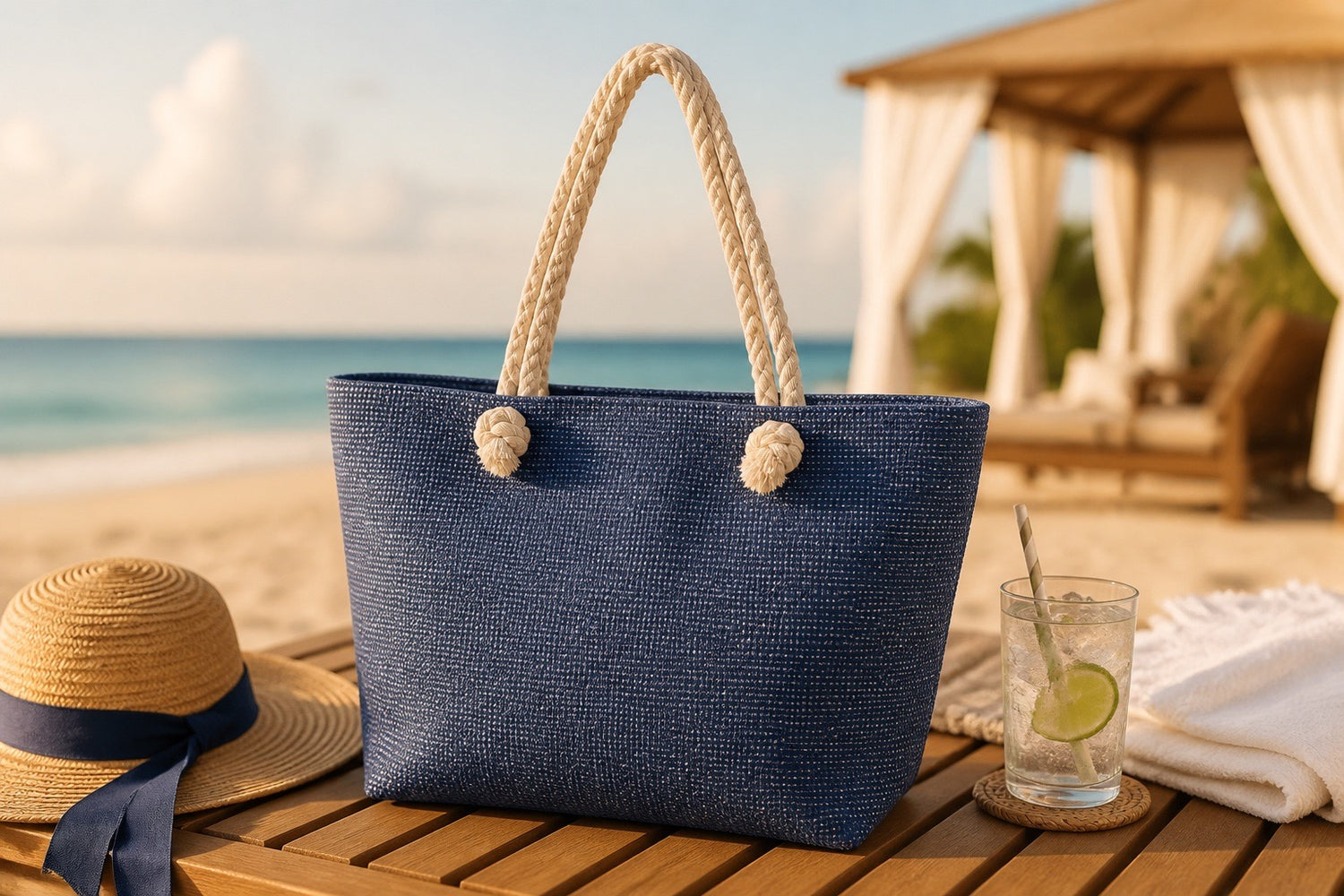Navy Rope Handle Woven Tote Bag