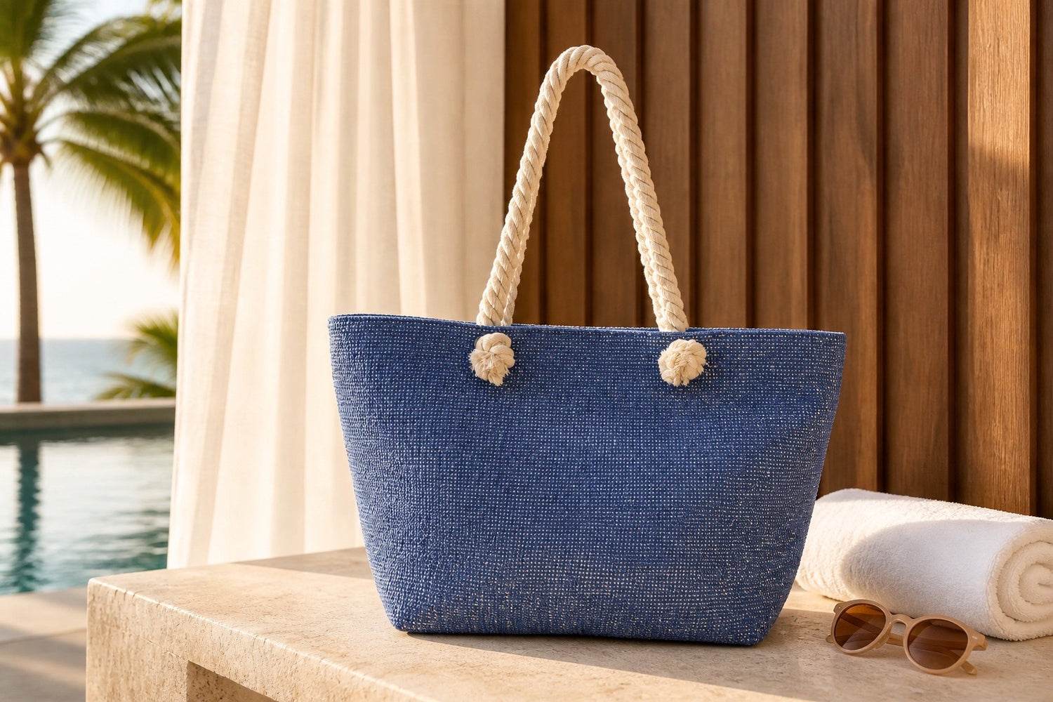 Navy Rope Handle Woven Tote Bag