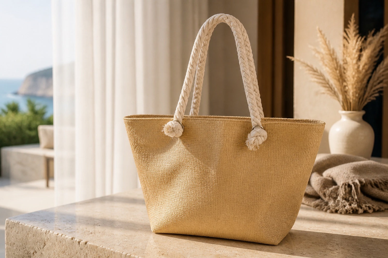 Natural Rope Handle Woven Tote Bag