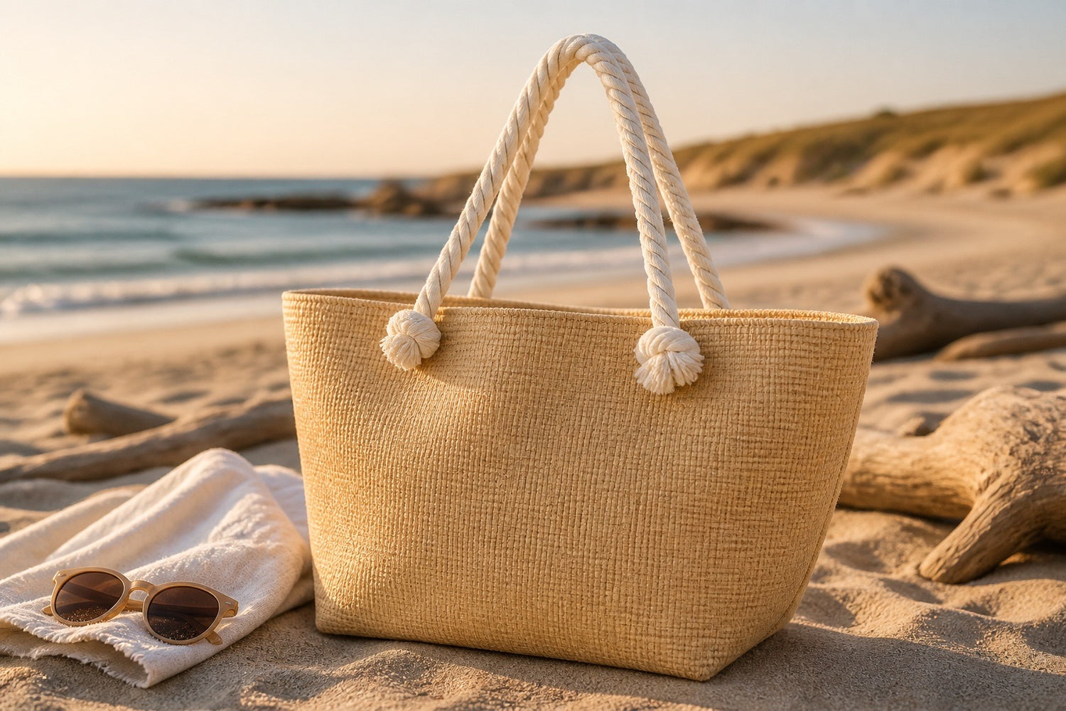 Natural Rope Handle Woven Tote Bag
