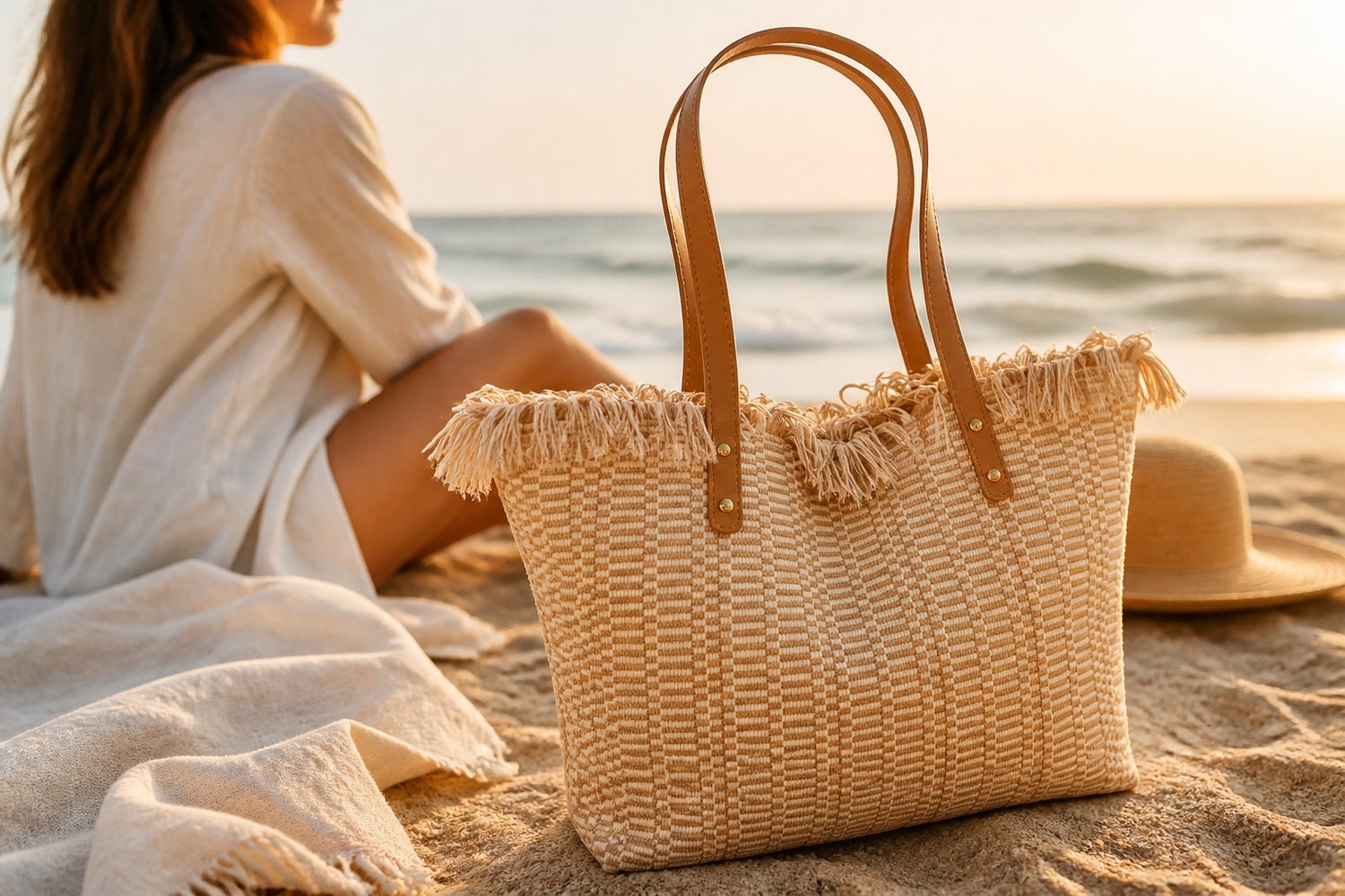 Woven Fringe Leather Handle Tote Bag