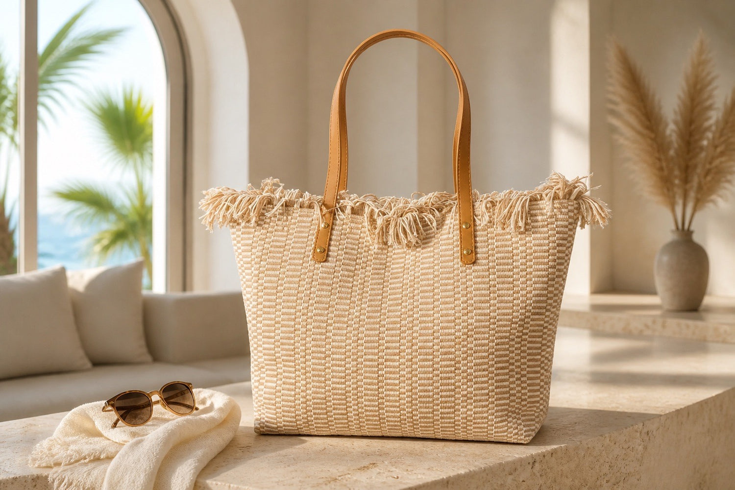 Woven Fringe Leather Handle Tote Bag