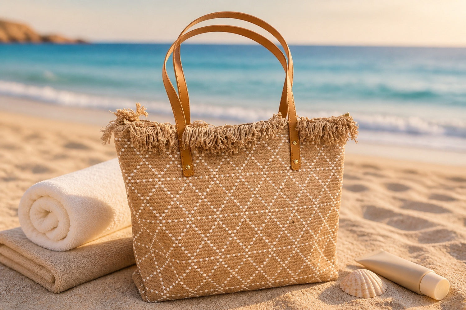 Diamond Weave Fringe Leather Handle Tote Bag