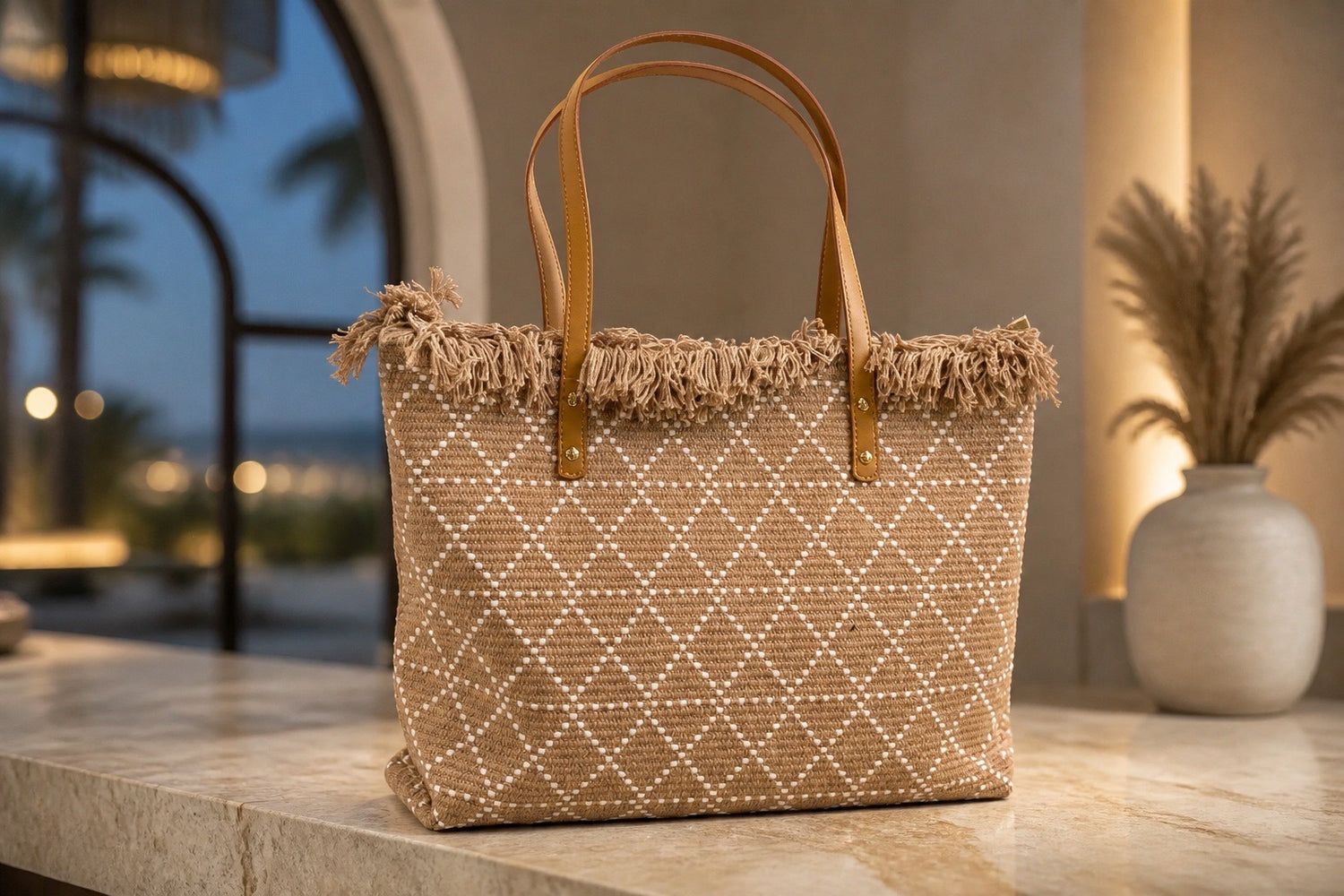 Diamond Weave Fringe Leather Handle Tote Bag
