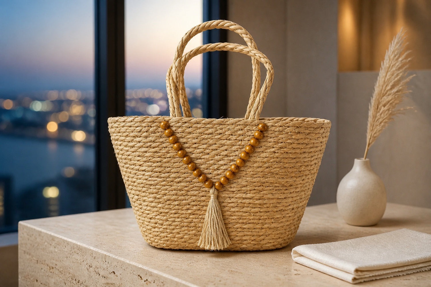 Straw Basket Tote with Wooden Bead Detail