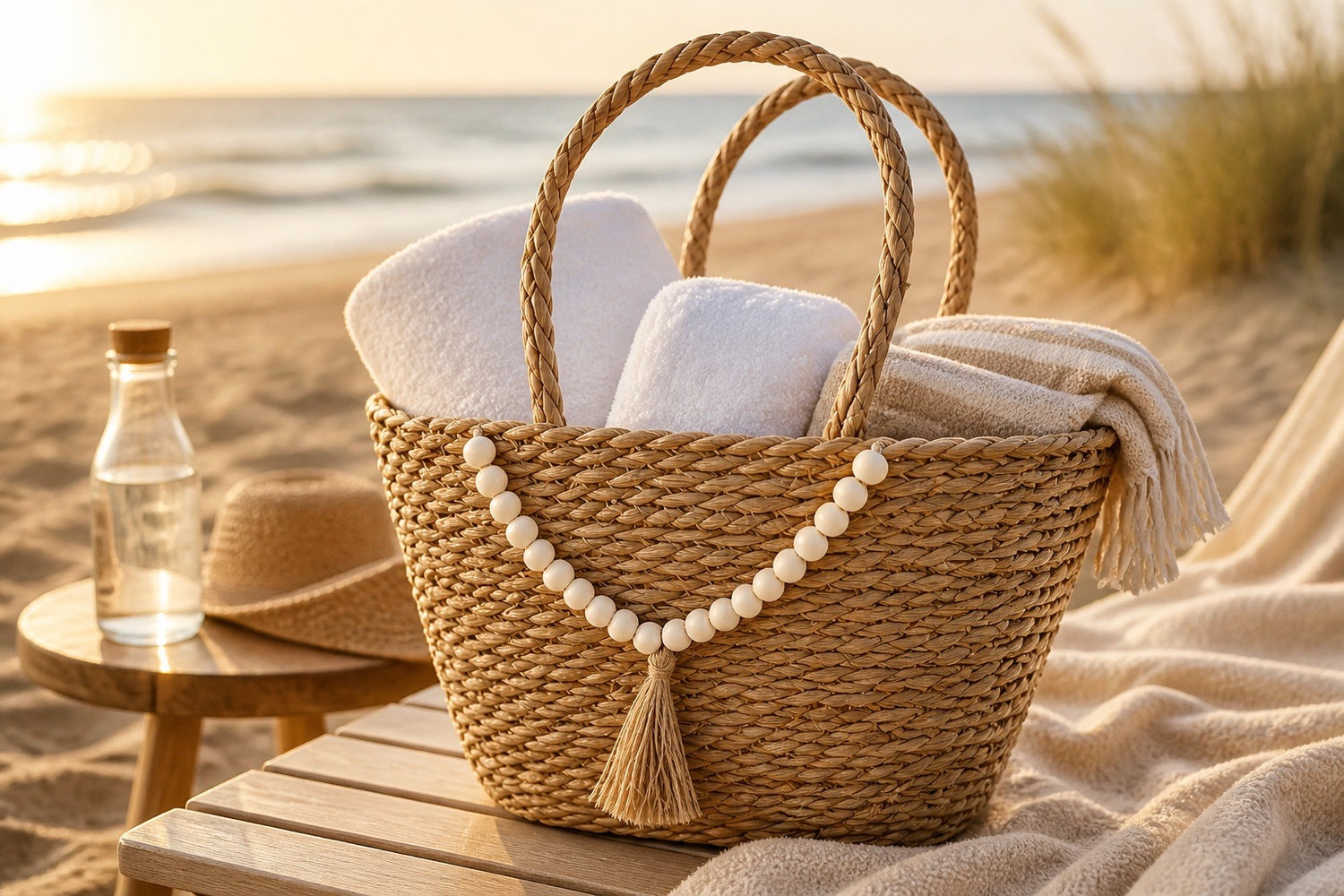 Straw Basket Tote with White Bead Detail