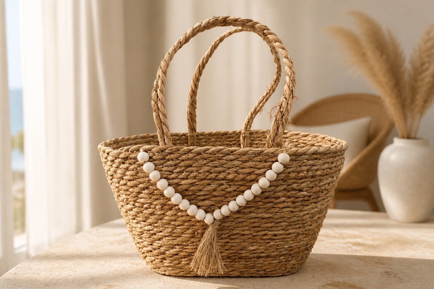 Straw Basket Tote with White Bead Detail