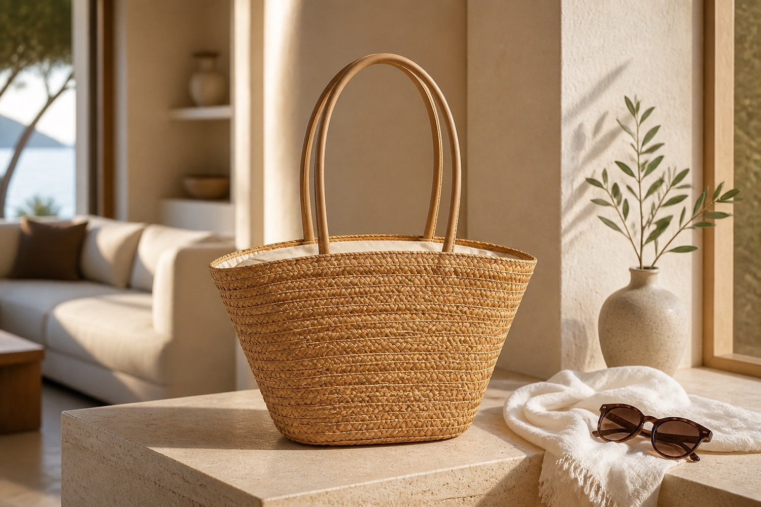 Classic Straw Basket Tote with Leather Handles