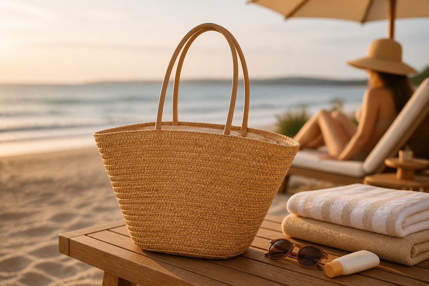 Classic Straw Basket Tote with Leather Handles