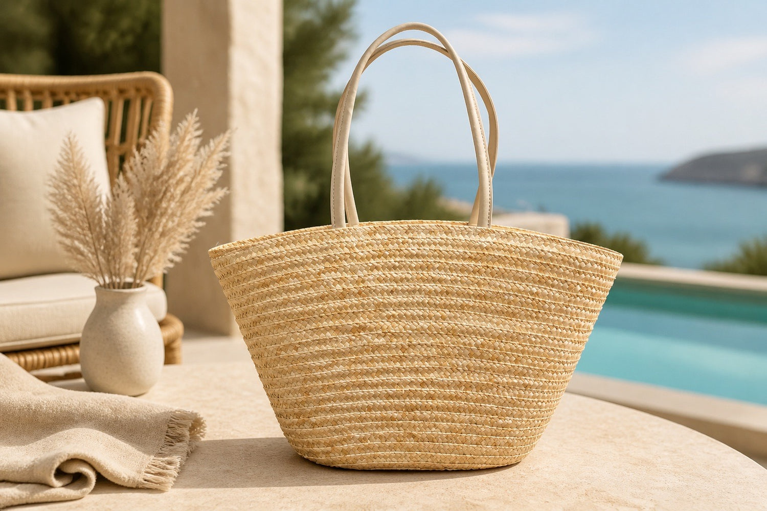 Straw Basket Tote with Cream Leather Handles