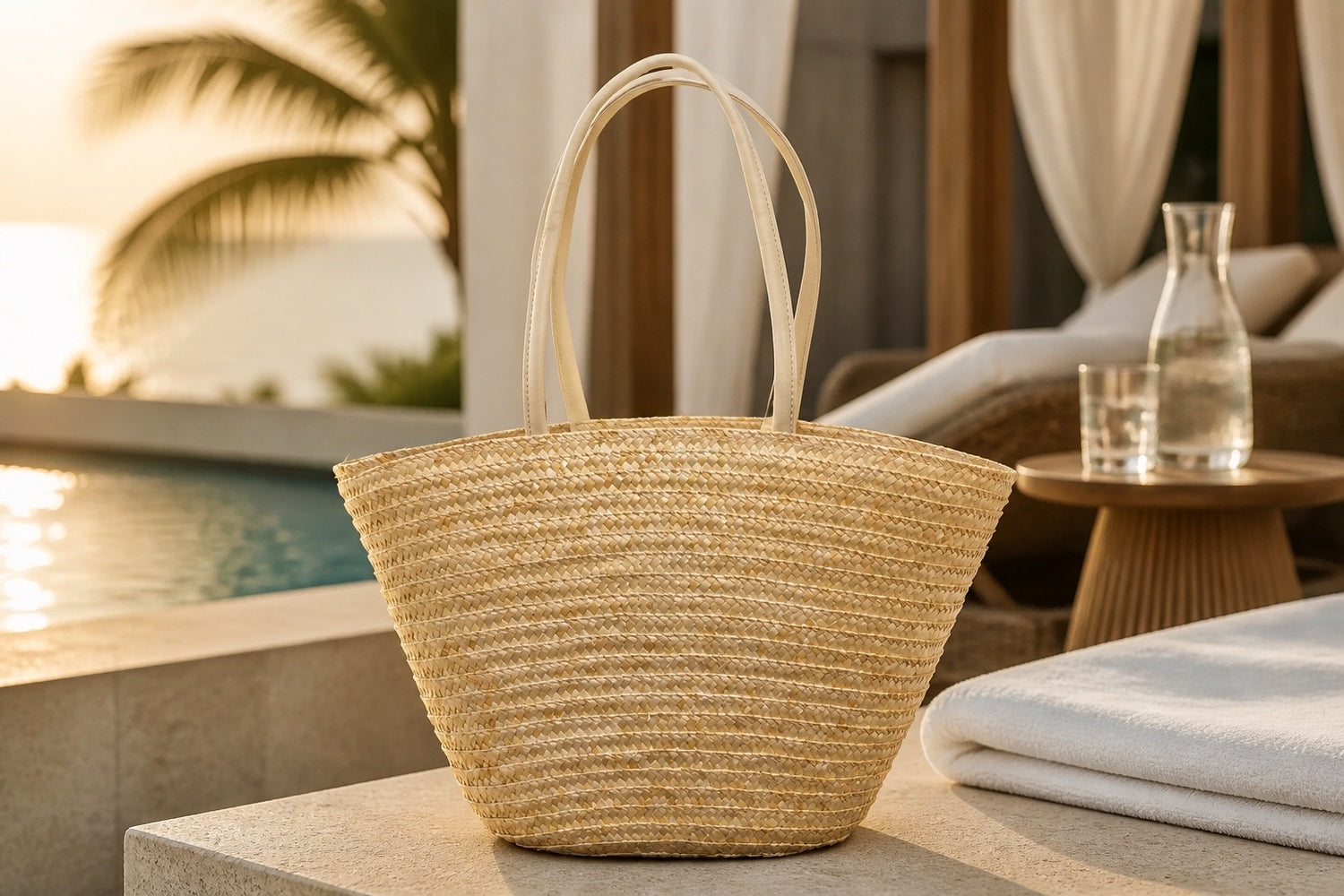 Straw Basket Tote with Cream Leather Handles