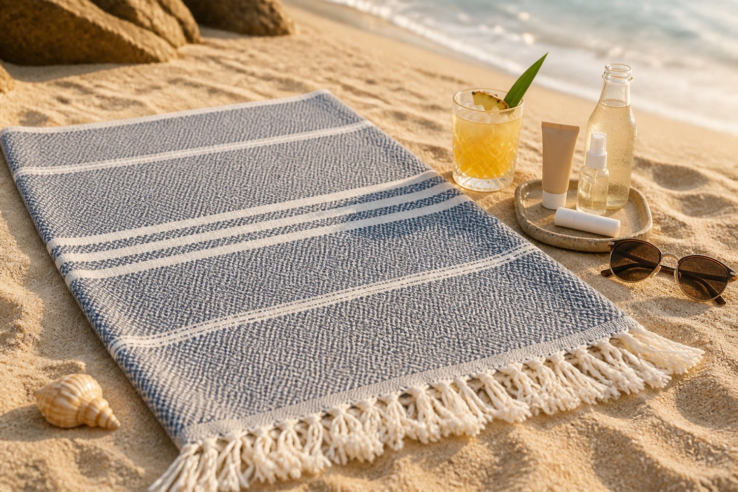Navy Stripe Turkish Beach Towel