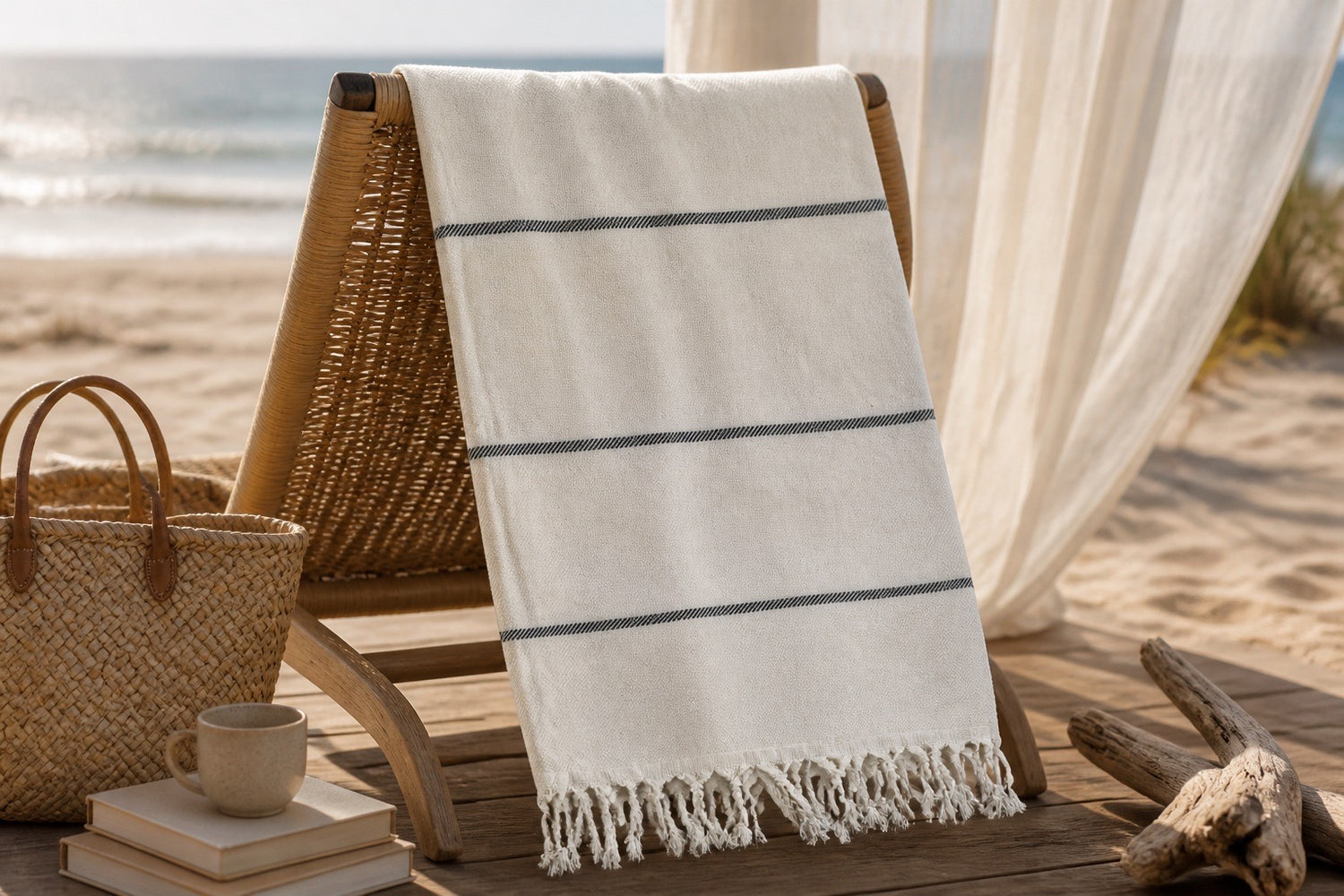 White & Charcoal Stripe Turkish Beach Towel