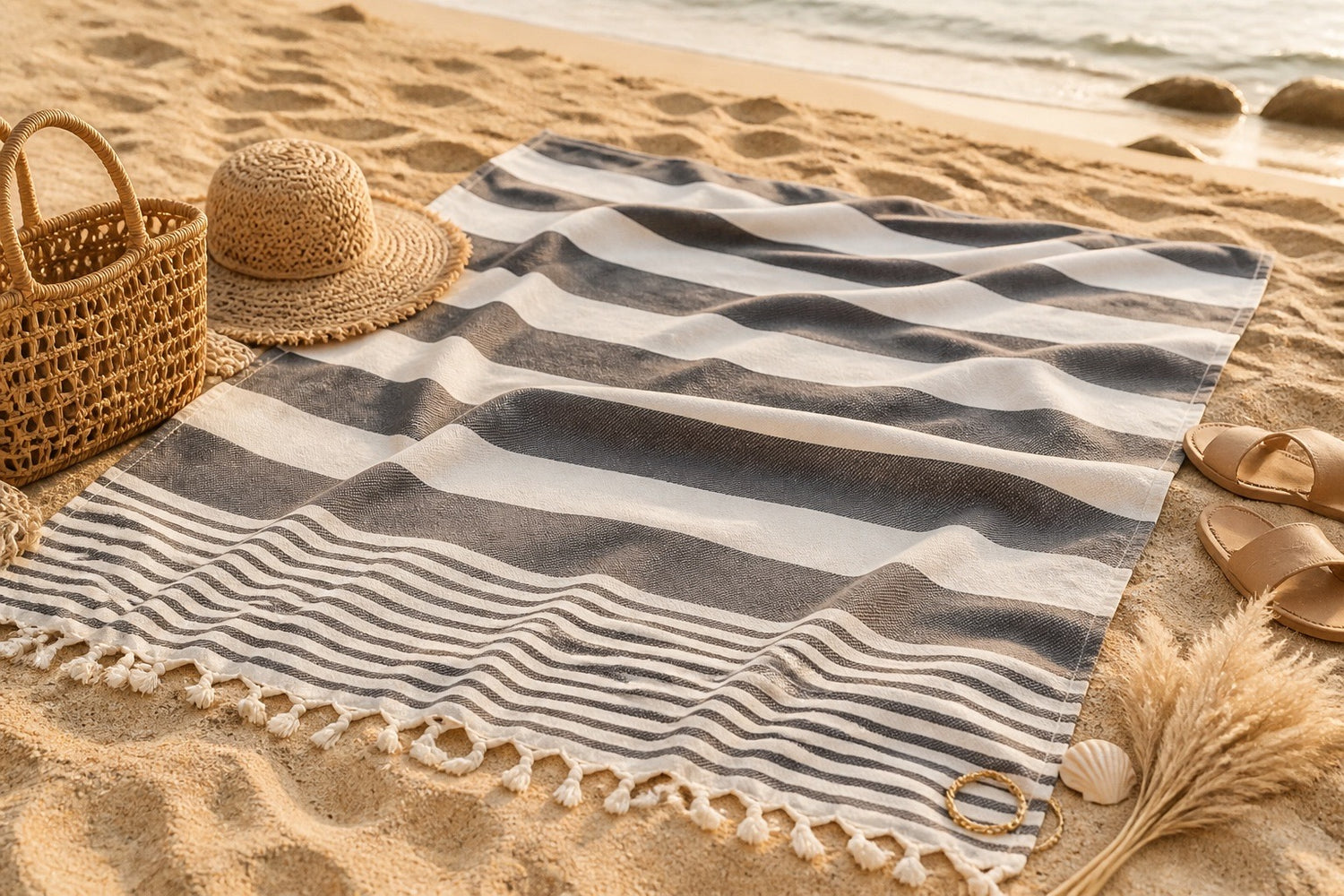 Charcoal Bold Stripe Turkish Beach Towel