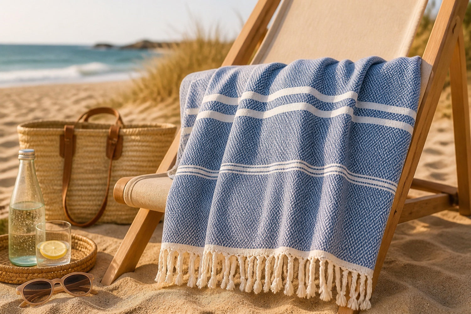 Denim Blue Stripe XL Turkish Beach Blanket