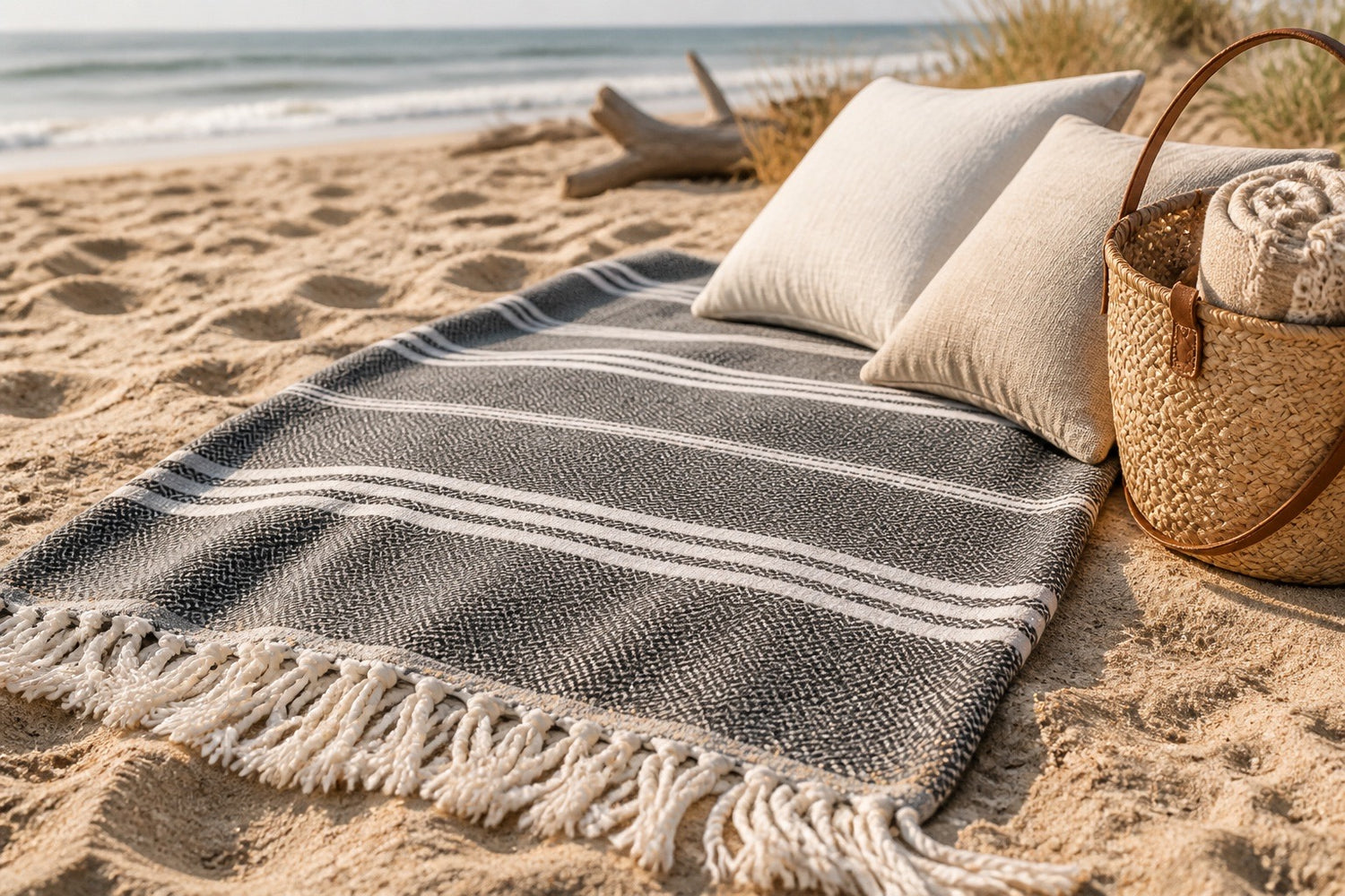 Charcoal Herringbone Stripe XL Beach Blanket