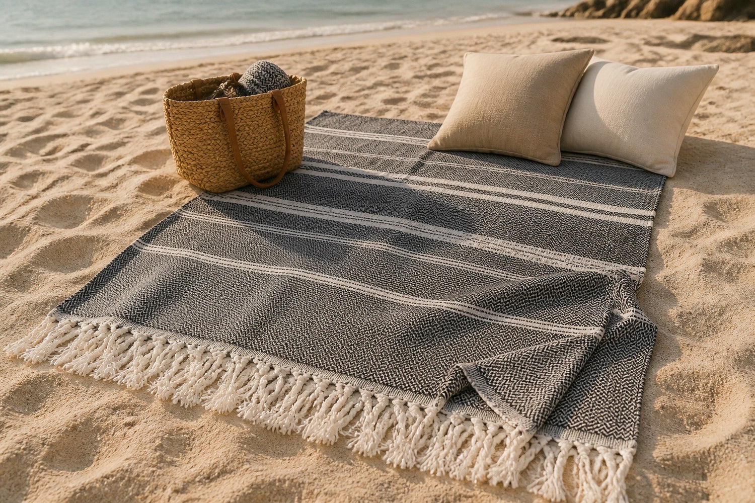Charcoal Herringbone Stripe XL Beach Blanket