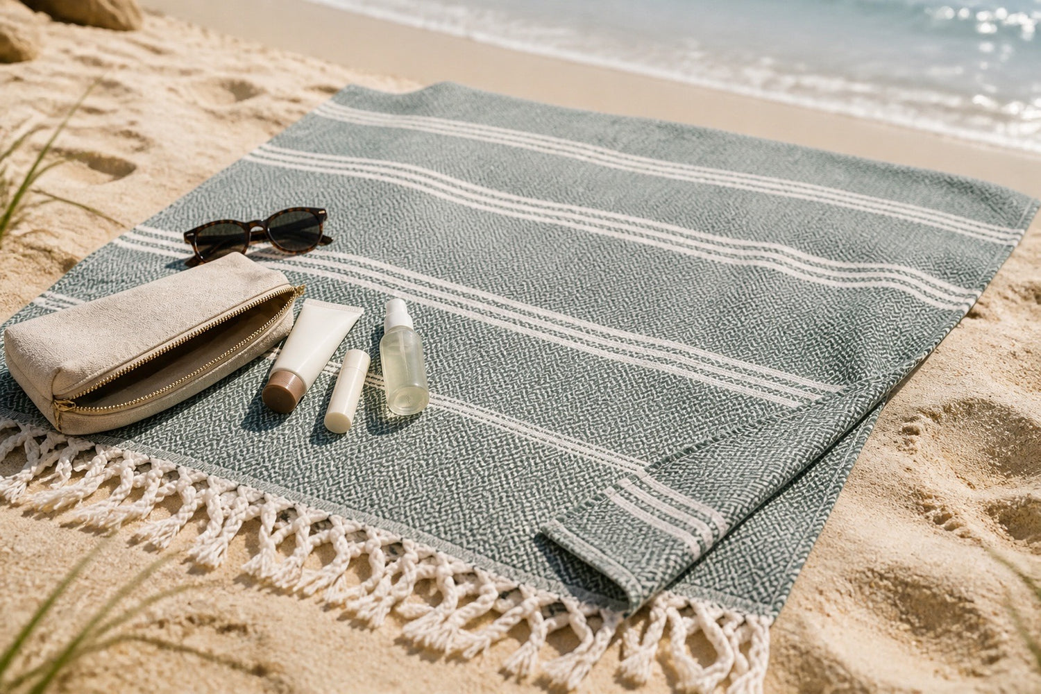 Forest Green Herringbone Stripe XL Beach Blanket