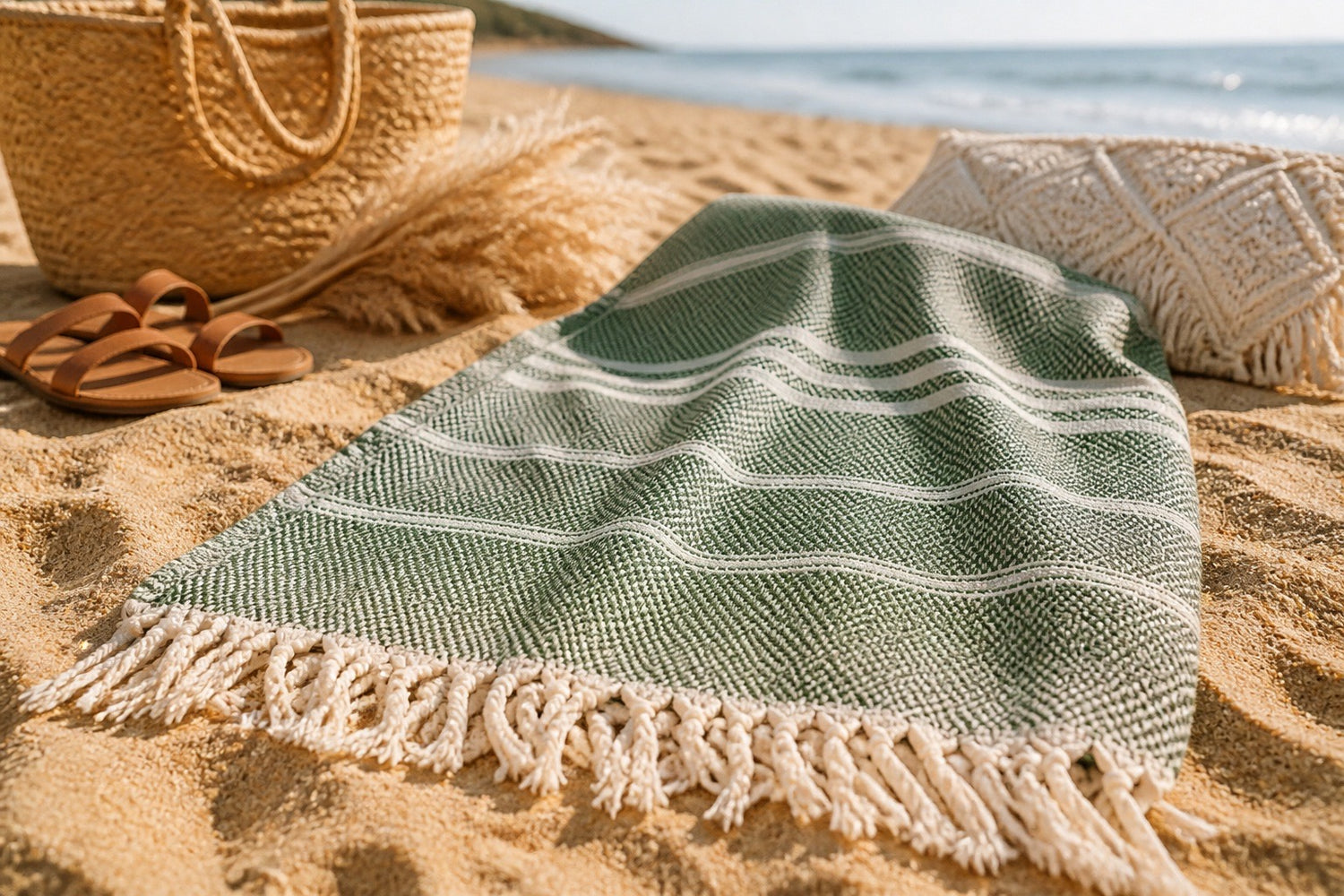 Forest Green Herringbone Stripe XL Beach Blanket
