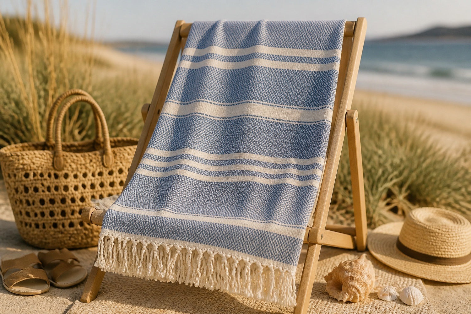 Sapphire Blue & White Turkish Beach Towel