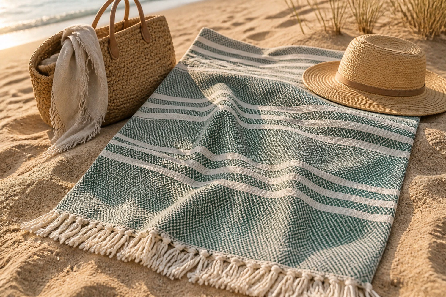 Green & White Turkish Beach Towel