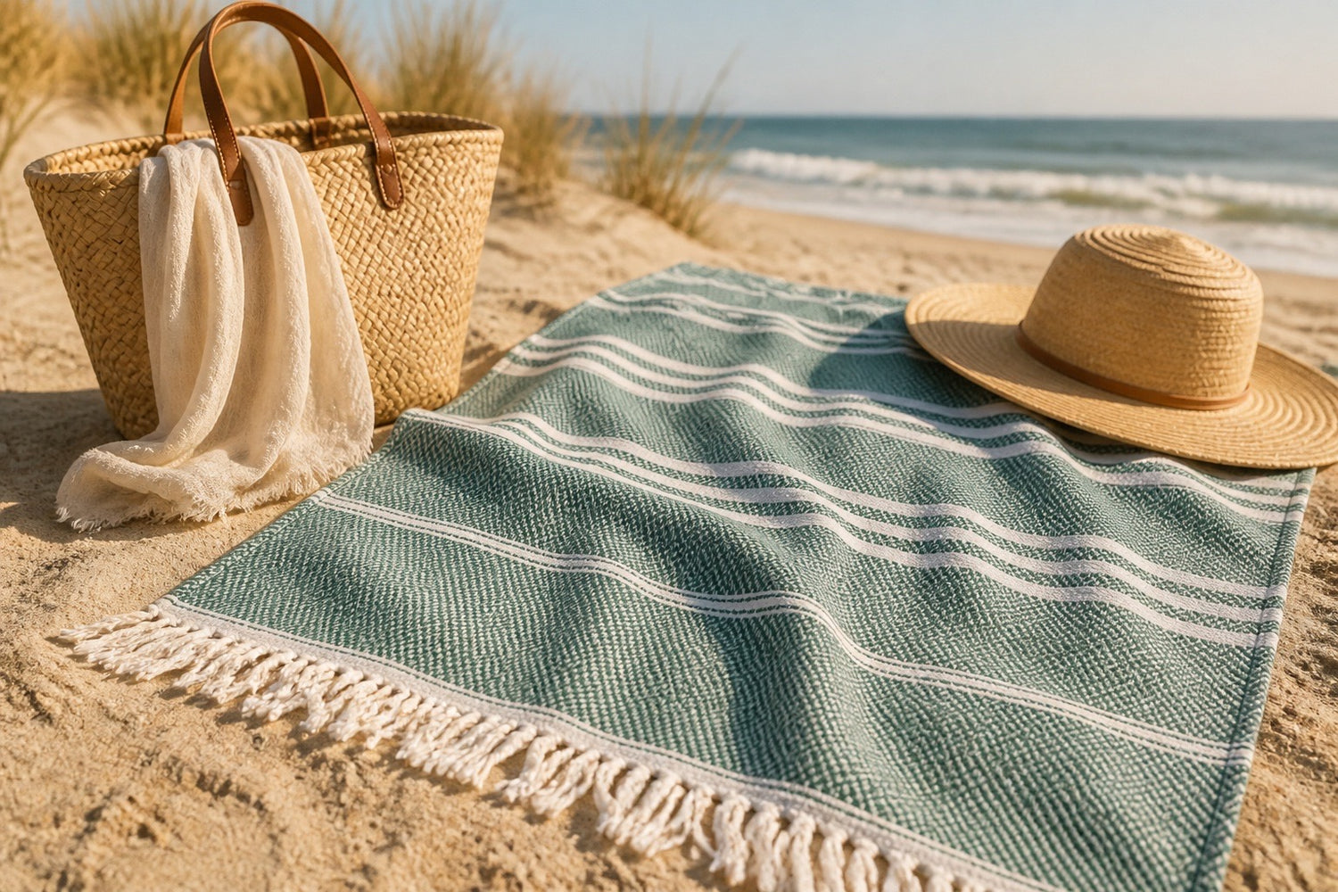 Green & White Turkish Beach Towel