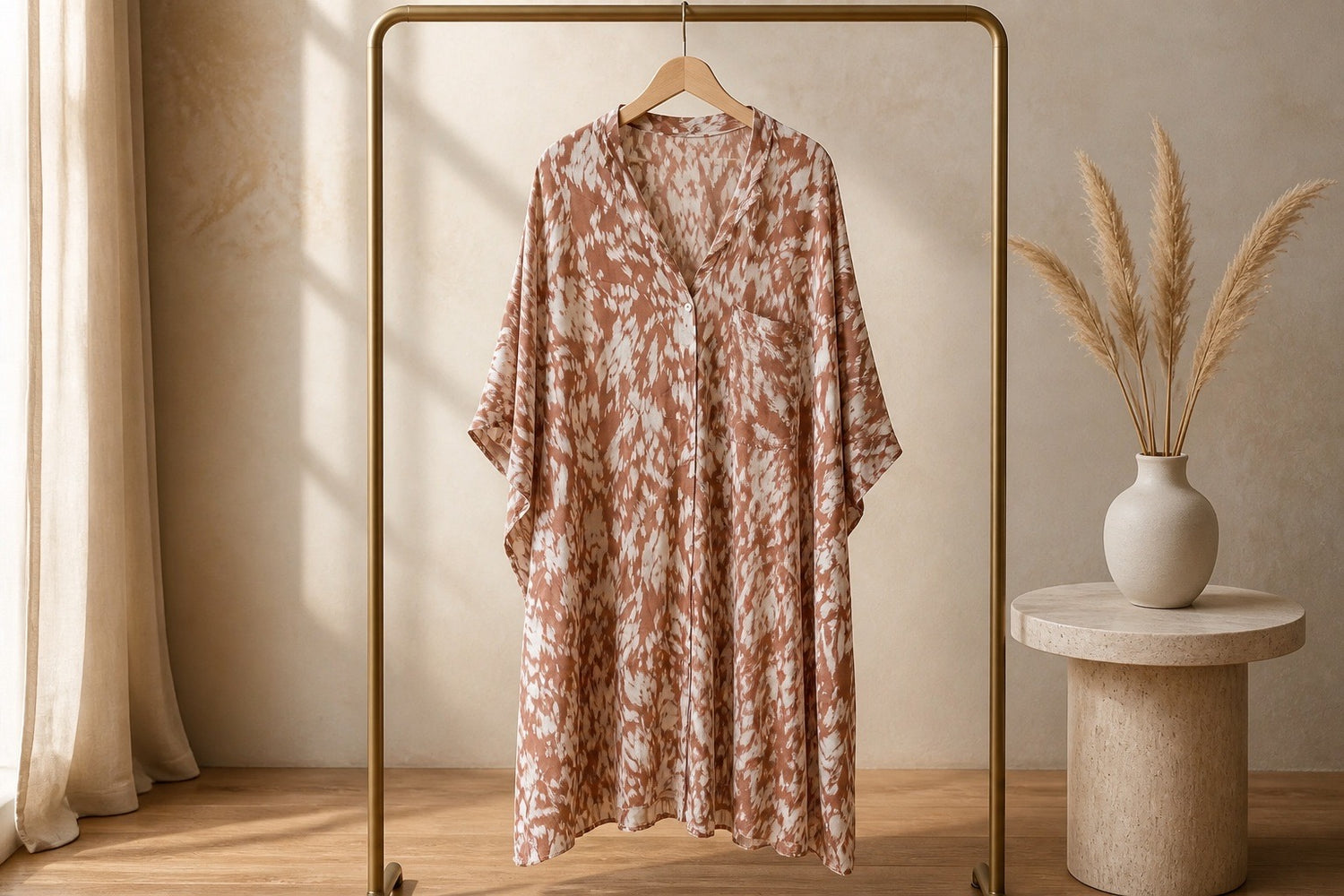 Terracotta Abstract Print Beach Kimono Cover-Up