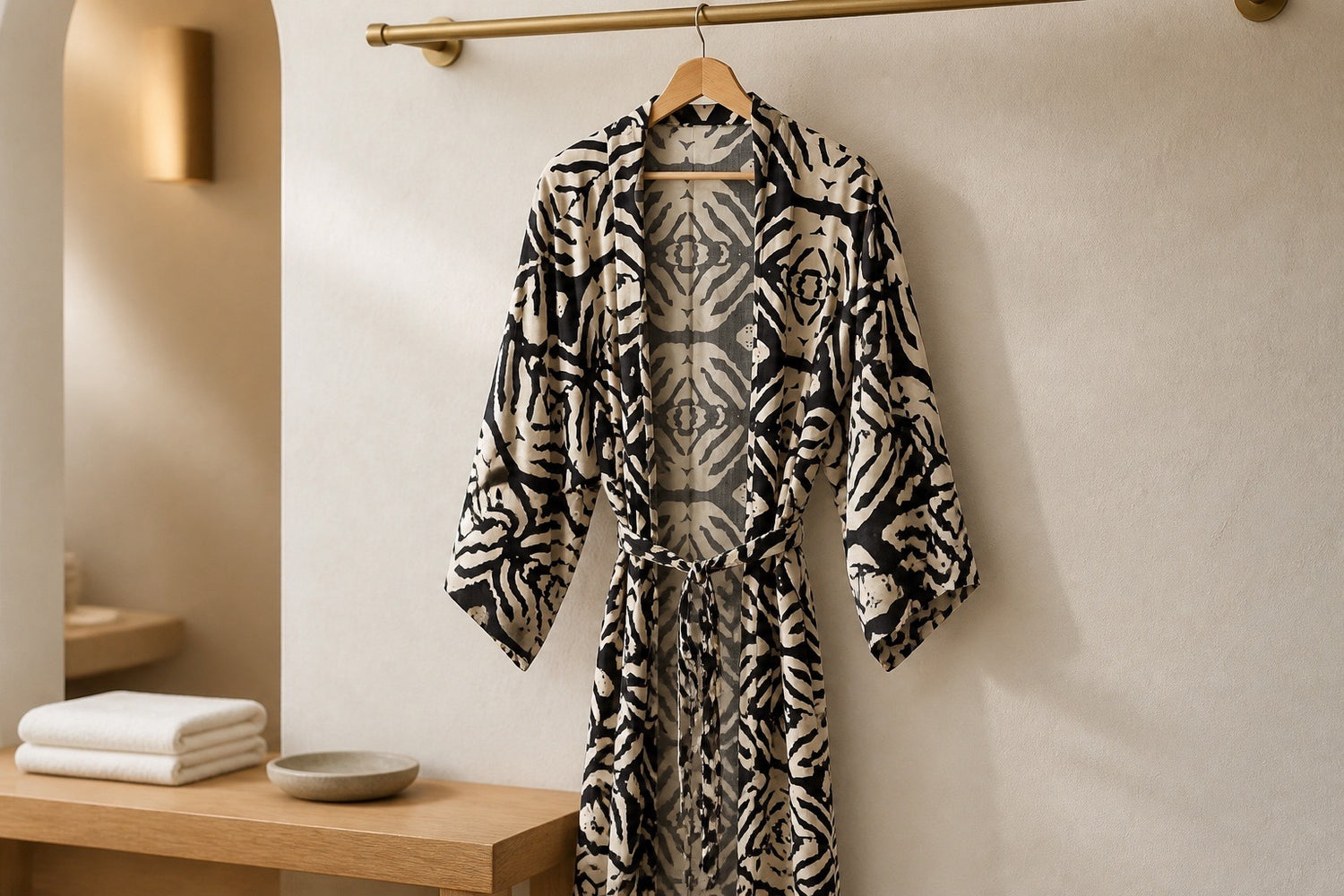 Black & Cream Tribal Print Long Kimono Robe