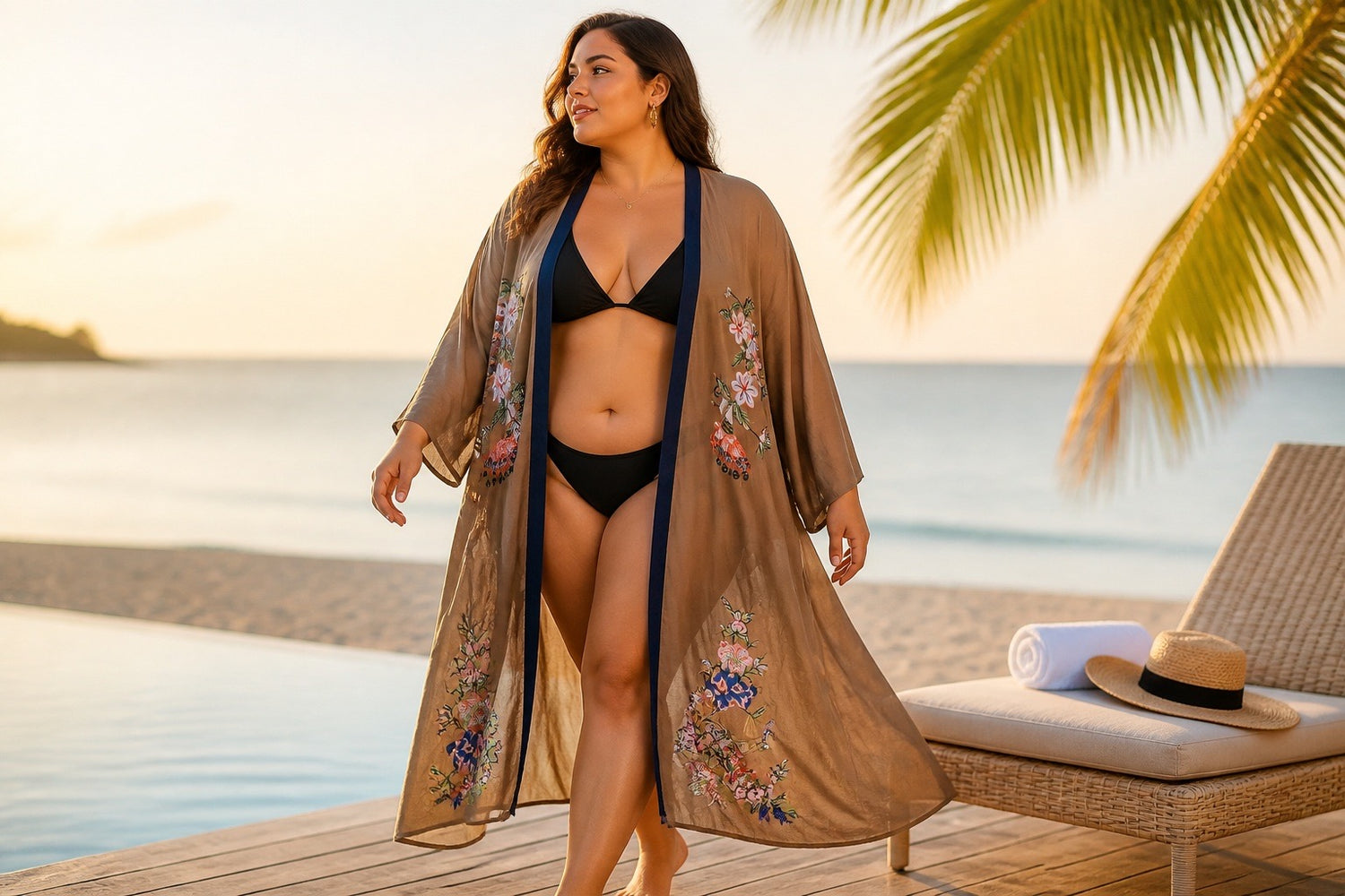 Camel Embroidered Floral Kimono Cover-Up